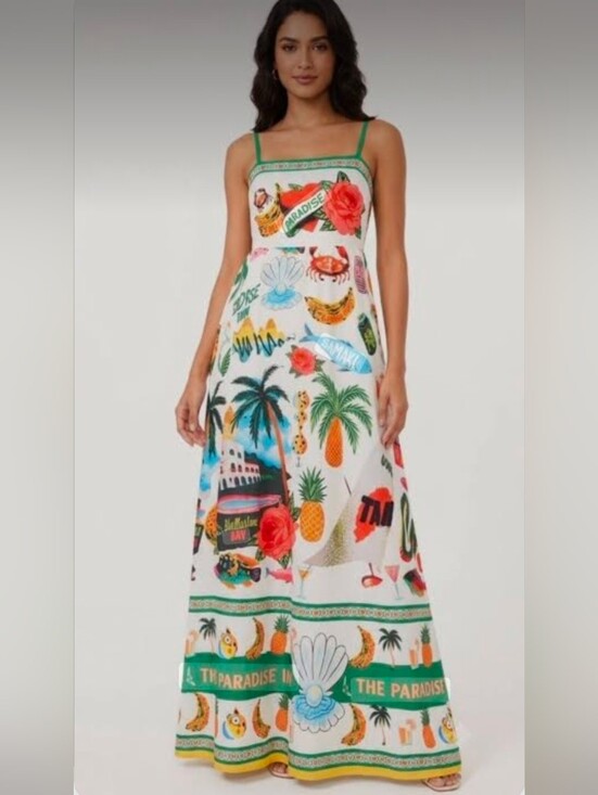 Commense Dresses & Skirts - White Tropical Print Maxi Dress with Green Trim Sz M